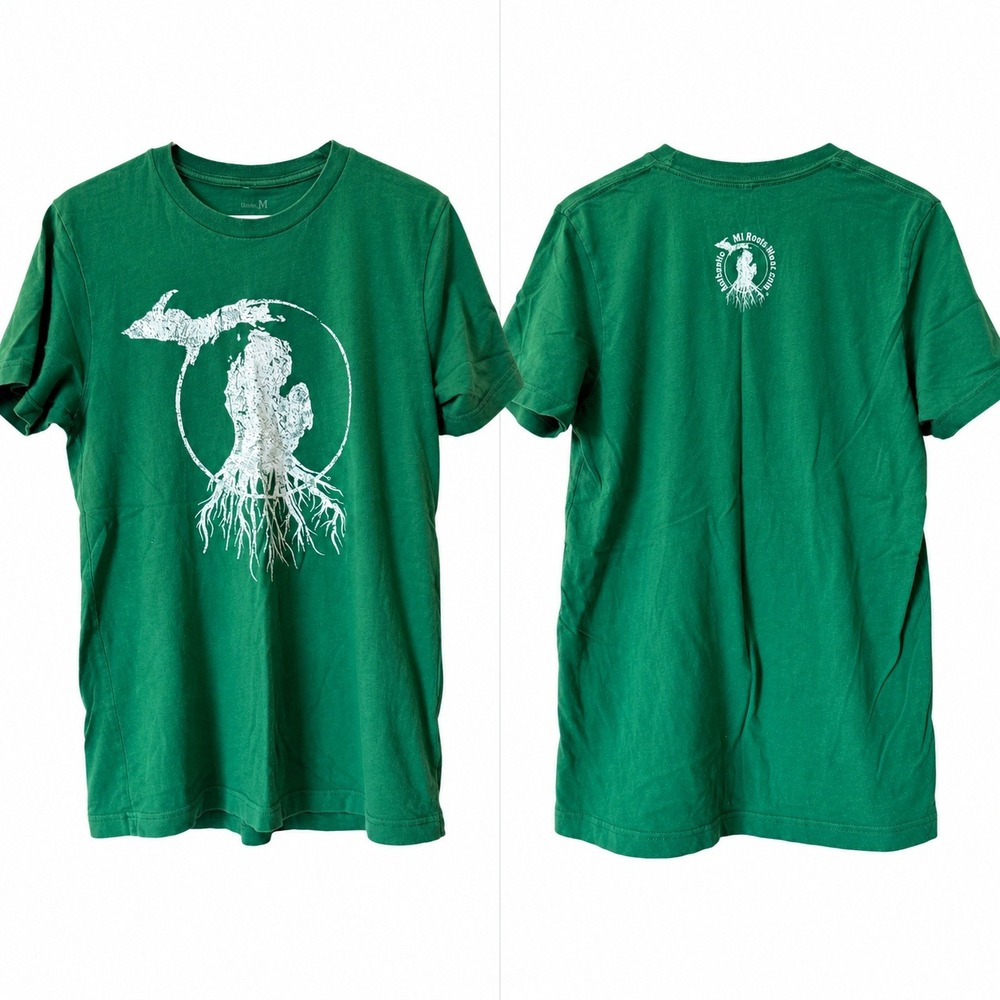 MI Roots Wear Michigan Roots Green T-Shirt Size M Graphic Tee Made in MI Tee